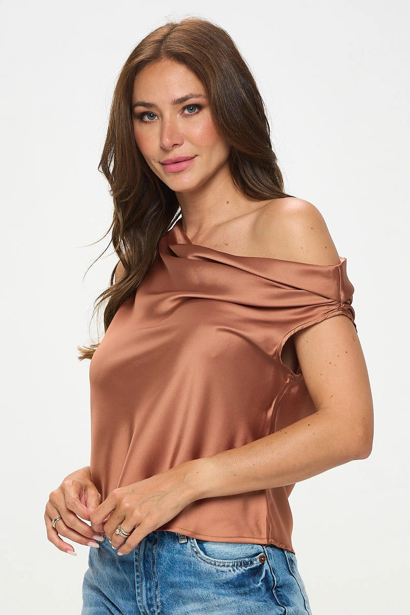 Gleam Shoulder Long Sleeve Satin Top
